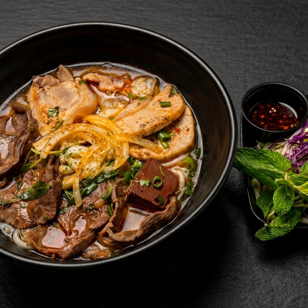 Bún Bò Huế — spicy beef noodle soup with beef, pork, and pork blood, served with herbs