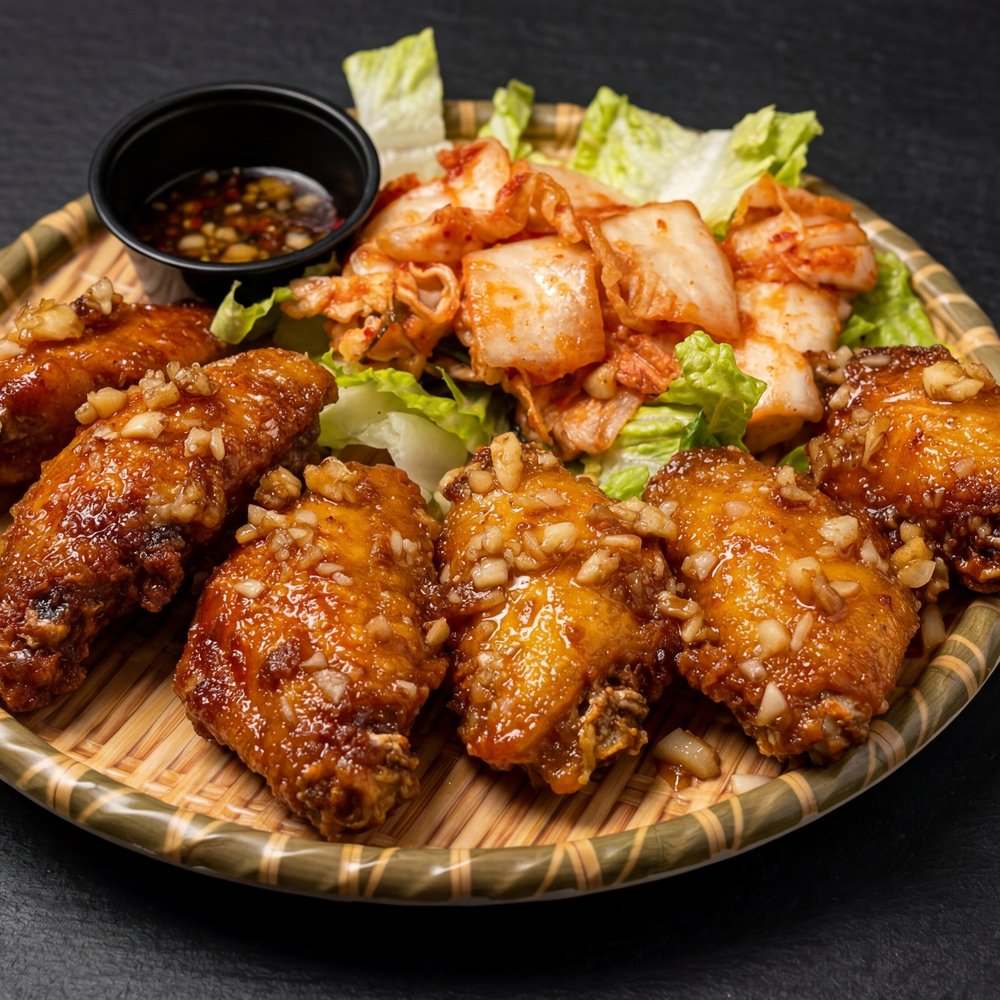 Cánh Gà Nhà Hotspot — fried wings glazed with house sauce, served with kimchi and dipping sauce