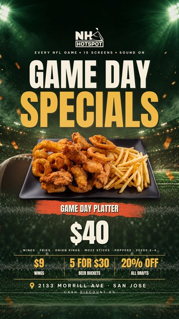 Game Day Specials flyer: Game Day Platter $40, $9 wings, 5 for $30 beer buckets, 20% off all drafts