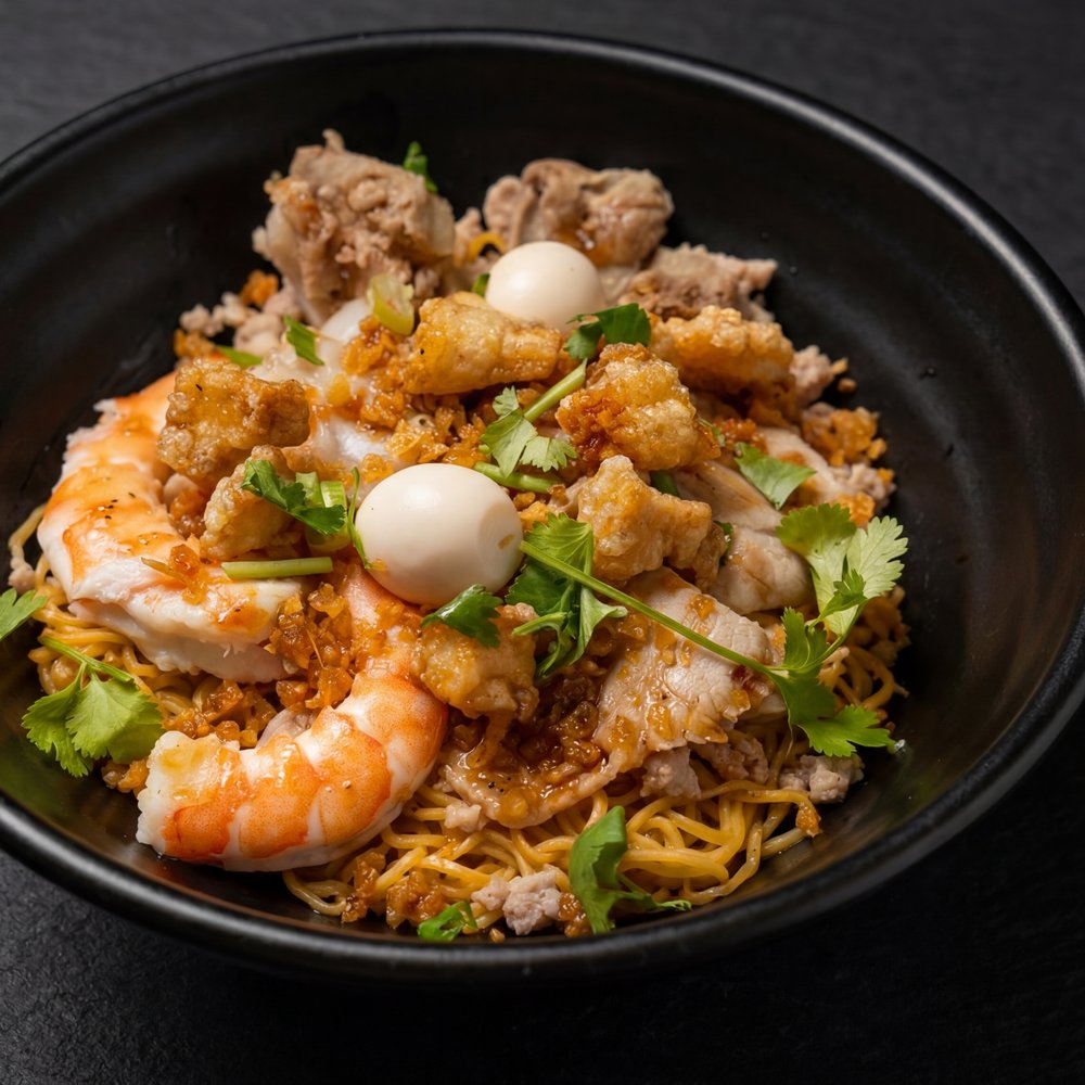 Hủ Tiếu Khô — dry combo rice noodles with pork, shrimp, quail eggs, and herbs