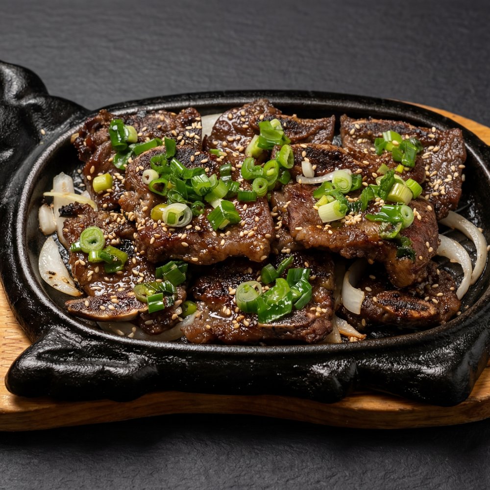 Sườn Bò Nướng — grilled beef short ribs with onions on a sizzling skillet